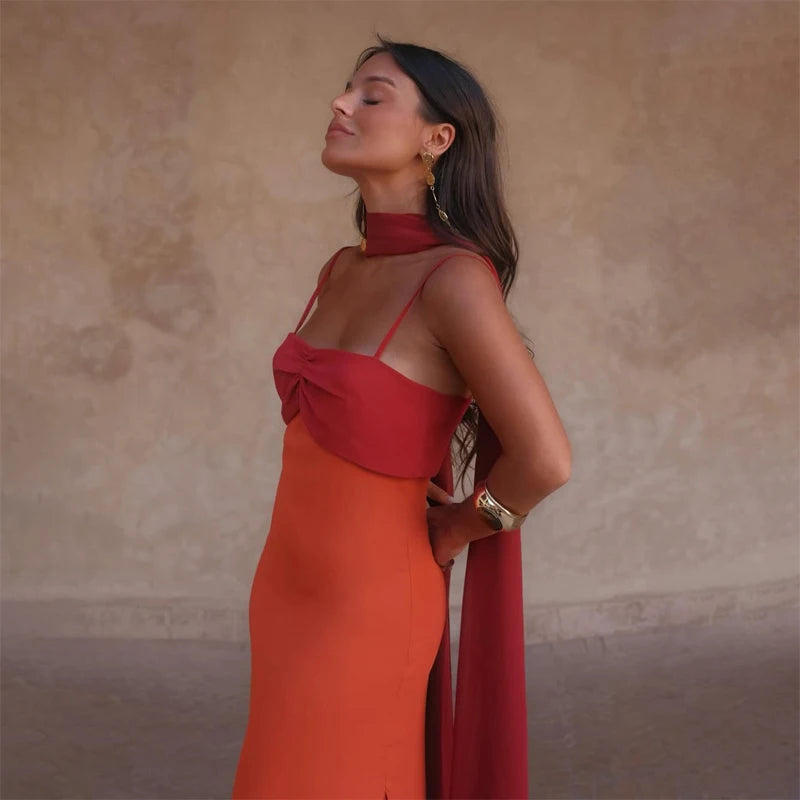 Women Color Blocking Scarf Collar Sling Dress Sexy Waist Cinching Split Bodycon Slim Fit Dresses 2026 Lady Highstreet...
