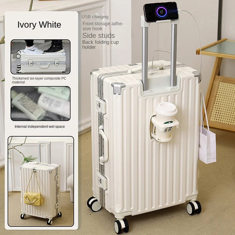 New Suitcase 30 inch Aluminium Frame USB Charging Luggage Carrier Boardable 20 inch Cabin Suitcases on Wheels with Cup Holder