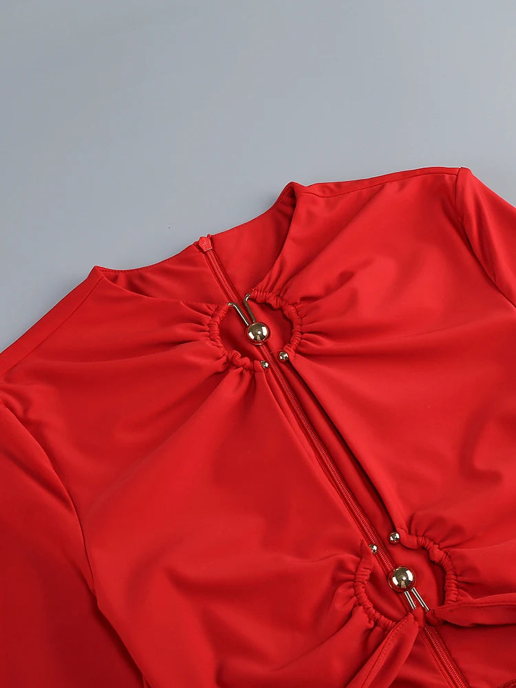 Sexy Long Sleeve O Neck Metal Buckle Ruched Mini Dress Women Red Cut Out Folds Bodycon Dresses Elegant Evening Party...