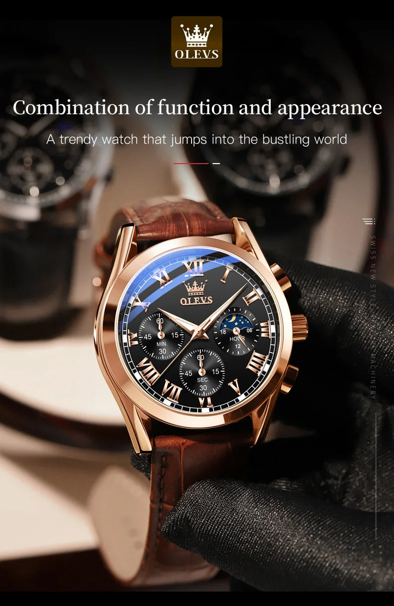 OLEVS 2871 Men Watch Original Brand Quartz Watch Multifunctional Chronograph Watch For Man Waterproof Luminous Moon Phase Watch - Kimlud