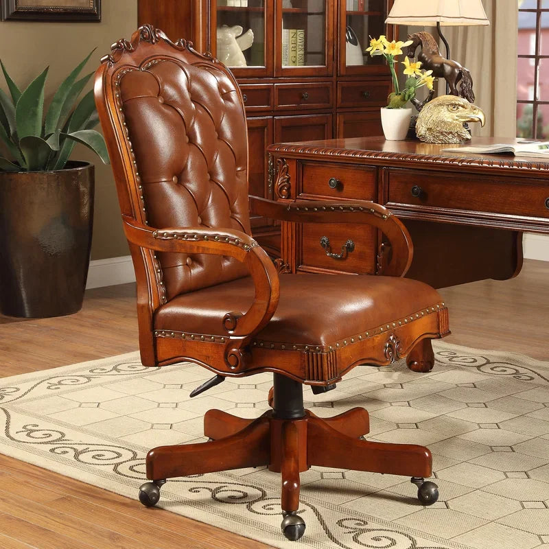 12American Genuine Leather Retro Carved Solid Wood Swivel Chair Office Chair Lift | Kimlud Vintage Luxury Home
