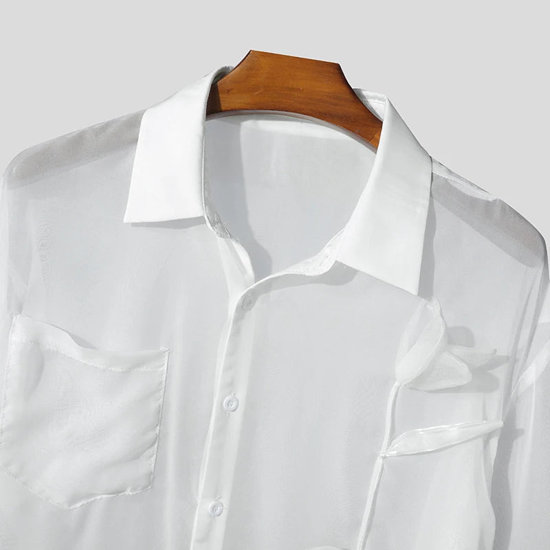 INCERUN Men Shirt Mesh Patchwork Transparent Lapel Long Sleeve Men Clothing Oversize Sexy 2025 Streetwear Unisex Shirts S-5XL