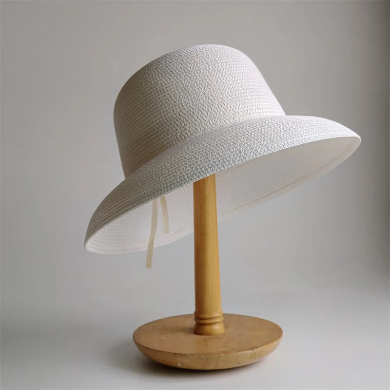 New Summer Sun Hats Ladies Solid Plain Elegant Wide Brim Hat Female Round Top Panama Floppy Straw Beach Hat Women |...