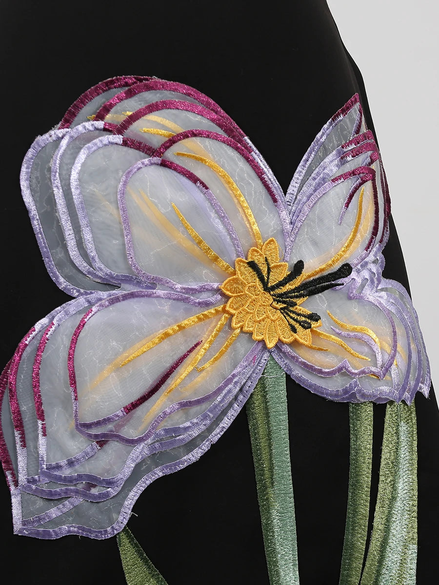 VGH Spliced Appliques Two Piece Set for Women O Neck Short Sleeve Top High Waist A Line Temperament Skirt Outfits Female Fashion