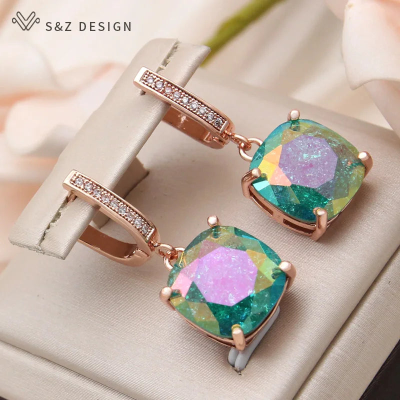 S&Z DESIGN New Fashion Cubic Zirconia Ice Crack Square Crystal Dangle Earrings For Women Jewelry 585 Rose Gold Color Eardrop