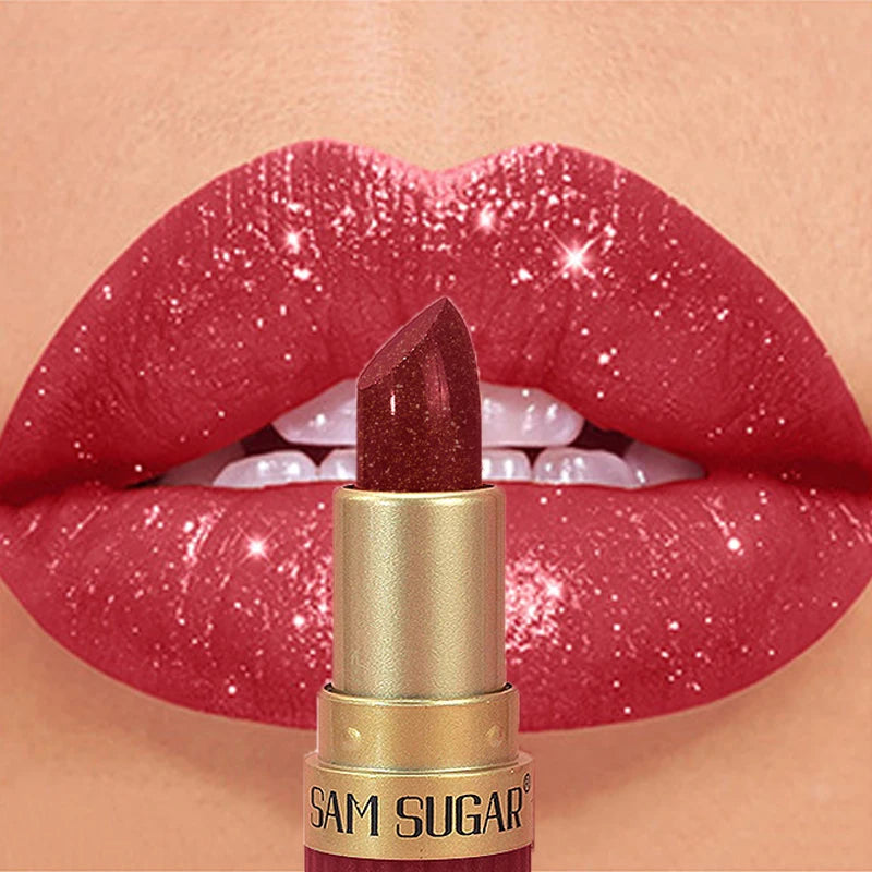 Diamond Pink Lipstick Chocolate Brown Metallic Glitter Lipstick Long-Lasting Waterproof Shimmer Pearl Sparkling Lip Gloss Makeup - Kimlud
