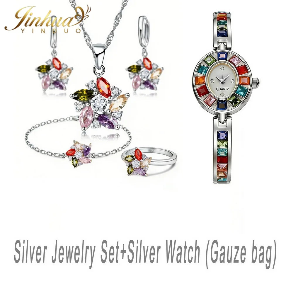 26 Wellness Jewelry Set 925 Sterling Silver Windmill Colorful Good Lucky CZ Necklace Earrings Bracelet Ring+Gift Box For Women