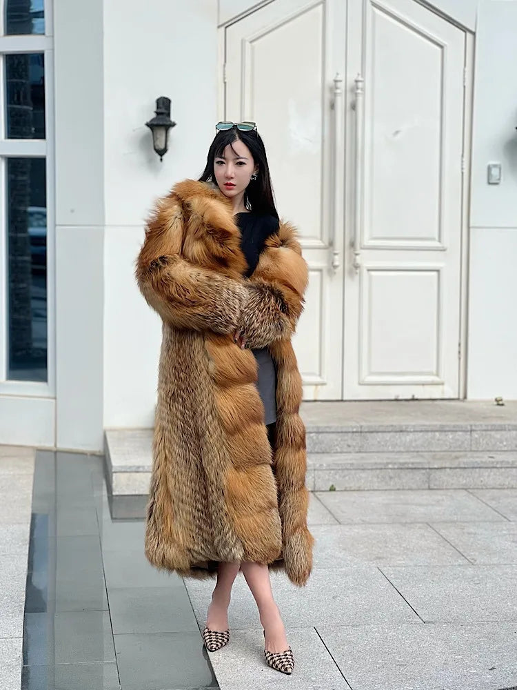 European and American big brand light luxury rare red fox fox fur coat women's long aura high-end catwalk young style winter
