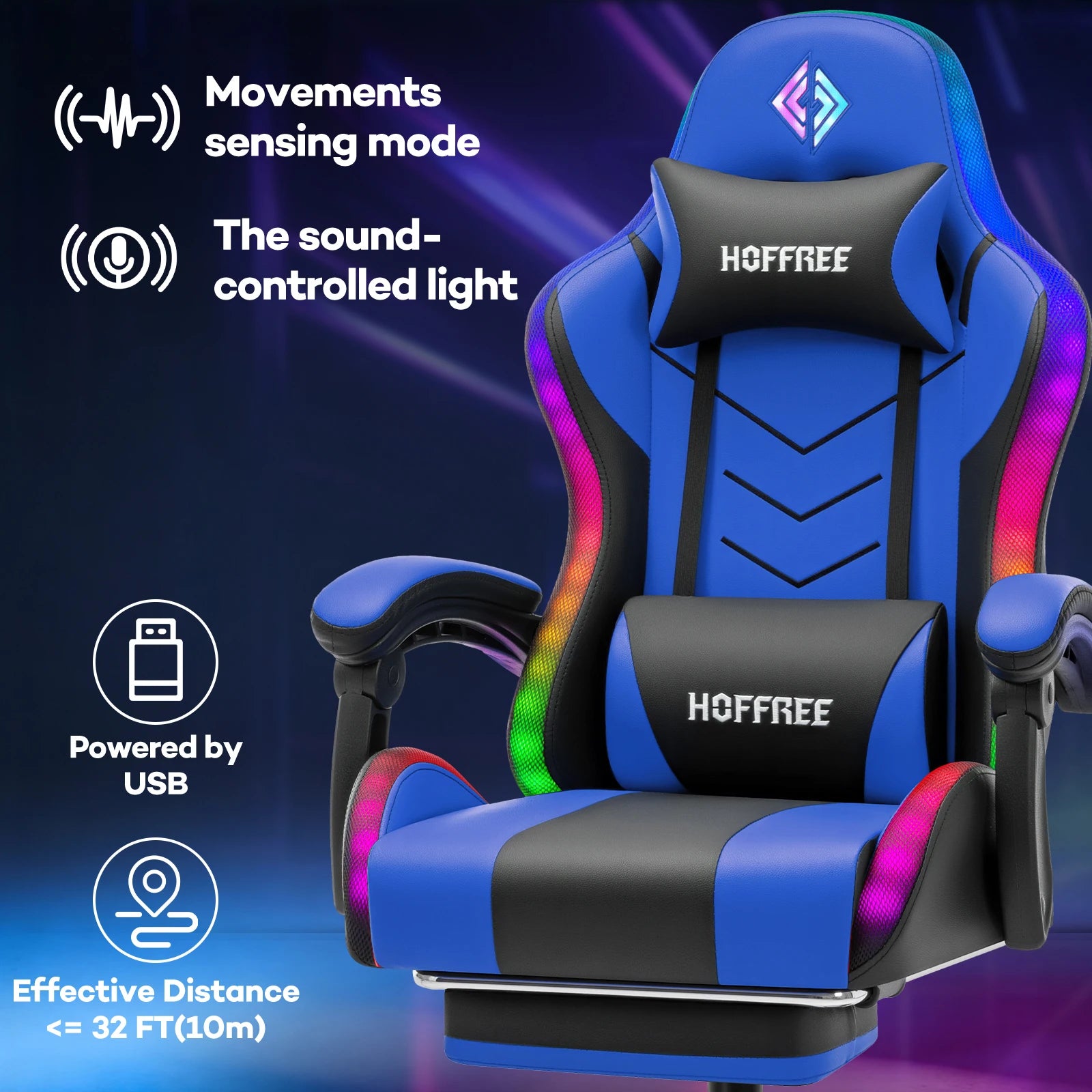 300lbs Load RGB Gaming Chair with Speakers Ergonomic Massage Computer Gaming Chair with LED Lights and Footrest High Back Video