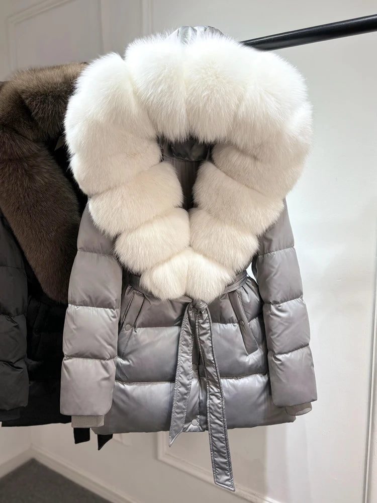 2025 New Natural Thick Warm 90% White Goose Down Coat Long Winter Jacket Women Real Big Fox Fur Collar Belt Loose Puffer Parka