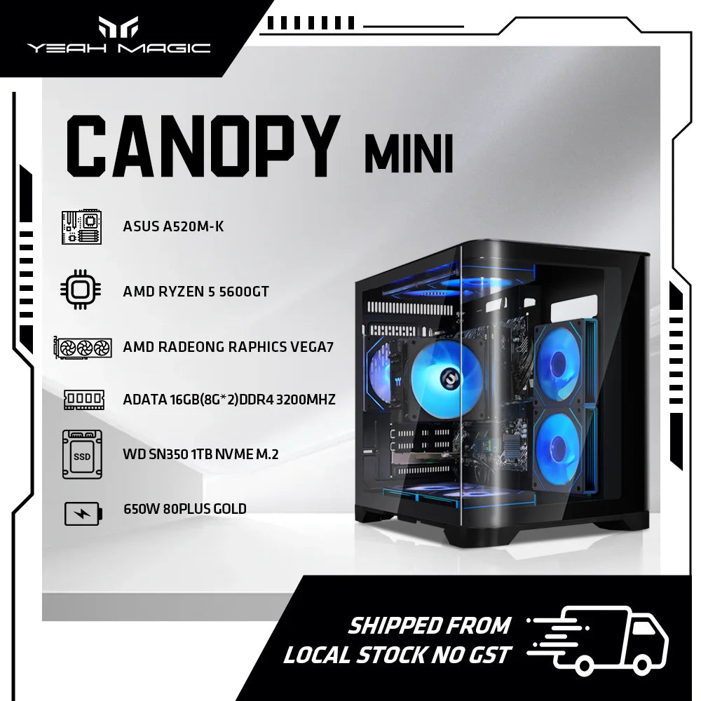 YEAH MAGIC Gaming Desktop AMD Ryzen 5 5600GT 3.9GHz 16GB(8G*2) DDR4 3200 1T NVME SSD ARGB 7 Fans Win 11 Home Gamer Desktop PC