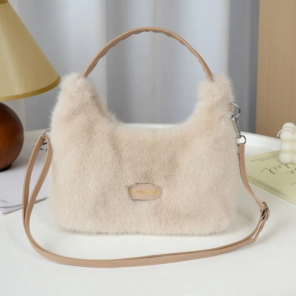 Winter New Luxury Faux Fur Ladies Shoulder Bag Soft Fluffy Female Crossbody Bag Solid Color Large Capacity Plush Tote Bag