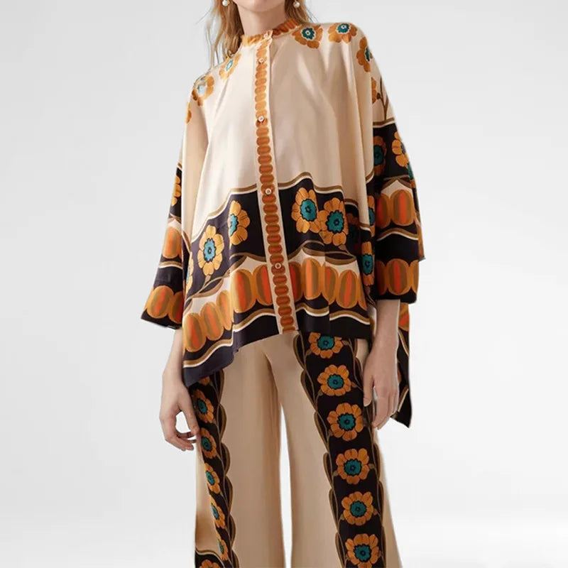 2 Piece Sets Fashion Women's Irregular Geometric Print Pants Sets Long Sleeve Shirts And Wide Leg Pants Stylish Streetwear Suit