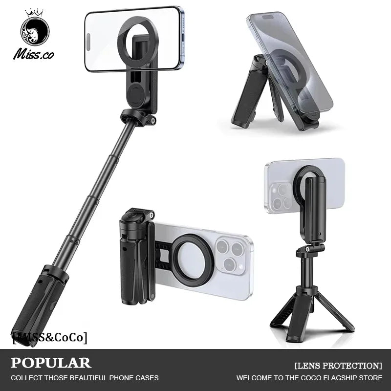 2026 Magnetic Selfie Stick Phone Tripod w Remote Extend Cell Phone Tripod Stand For MagSafe iPhone 16 15 14 13 12 XIAOMI SAMSUNG