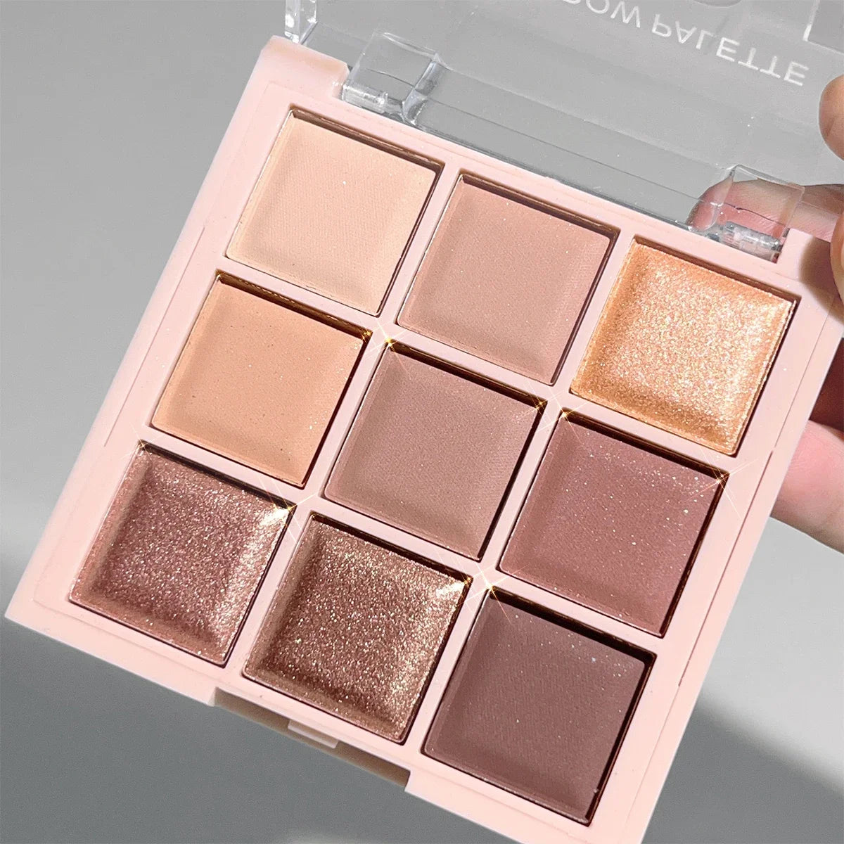9-color eyeshadow palette, coffee brown & nude metallic tones, matte glitter & metallic finish, smoky makeup, party & stage