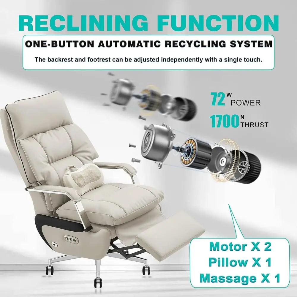 Executive Dual Motor Reclining Chair with Footrest, Massage & Pillow Support, Ergonomic PU Leather Desk Chair for Big...