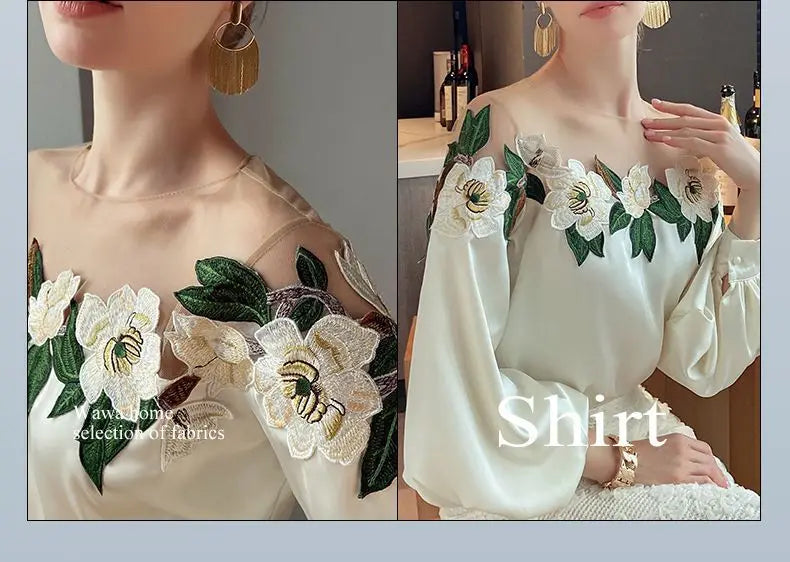 Vintage Embroidered Shirt Elegant Mesh Patchwork Satin Blouse O-neck Tops Spring Autumn Long Lantern Sleeve Women Clothes 24976