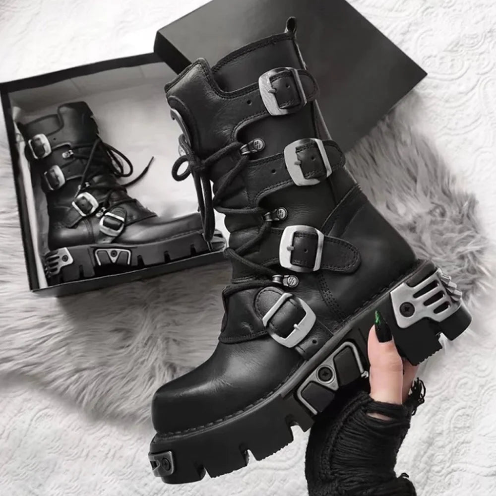 Men's Fashion Genuine Leather Motorcycle Boots Goth Skull Punk Boots New Unisex Mid-calf Cowboy Boots Metallic Combat...