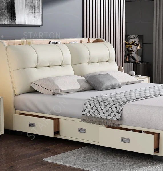 Pure White Nordic Style Oak Panel Queen Bed Frame Steel Frame Cama Modern Bed Queen Size Bed | Kimlud Luxury Bed