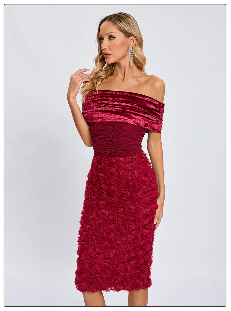 VC Red Off The Shoulder Midi Dress Flower Patchwork Mesh Slash Neck Velvet Bodycon Prom Celebrity Cocktail Party Wear Vestidos