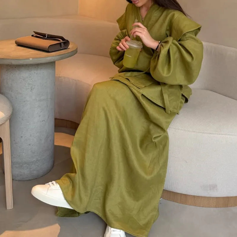 Fashion Draped Hight Waist Suits Elegant V-neck Lace-Up Tops with Long Skirt Set Women Casual Long Sleeve Solid 2 Piece Outfits