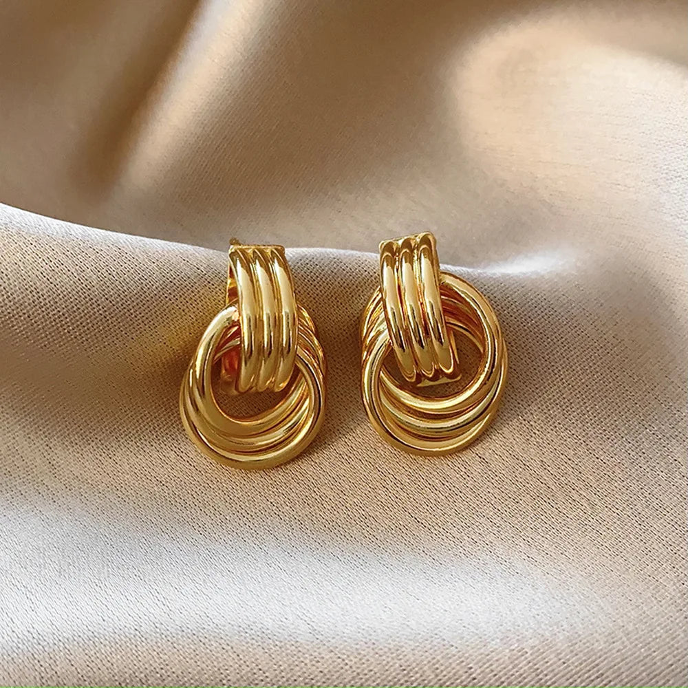 Unique Geometric Irregular Striped Large Ear Buckle Earrings for Women Creative Metal Gold Color Fan Shaped Earring...