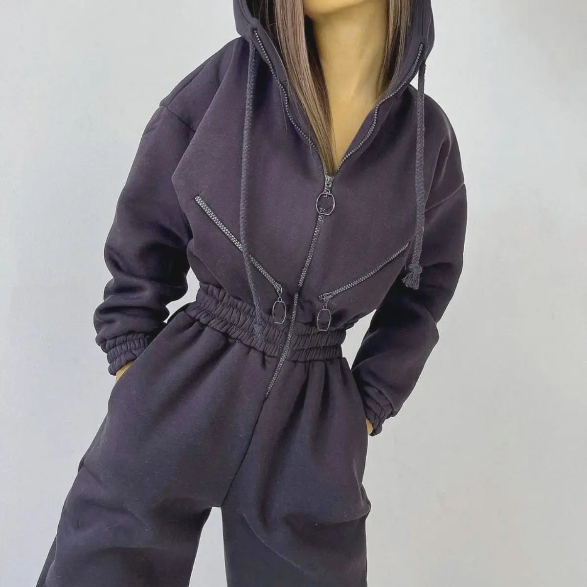 Long Sleeve Sports Casual Women's Hooded Overall Pants Jumpsuits Solid Color Jumpsuit Women One-Piece Suit - Kimlud