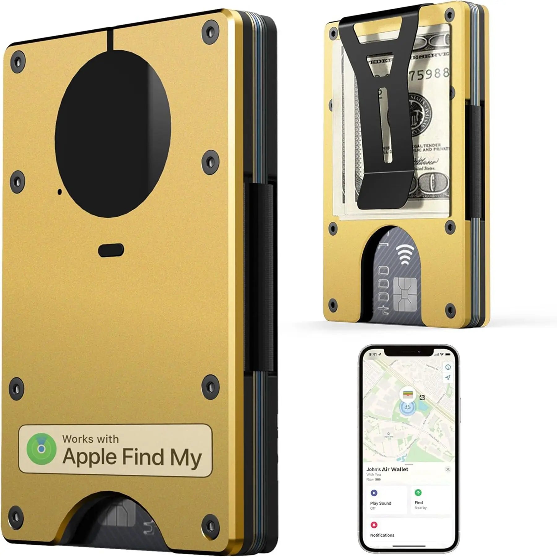 Wallet with Built in Airtag Chip, RFID Blocking Credit Card Holder, Compatible with Find My iOS Only, Detachable Money Clip