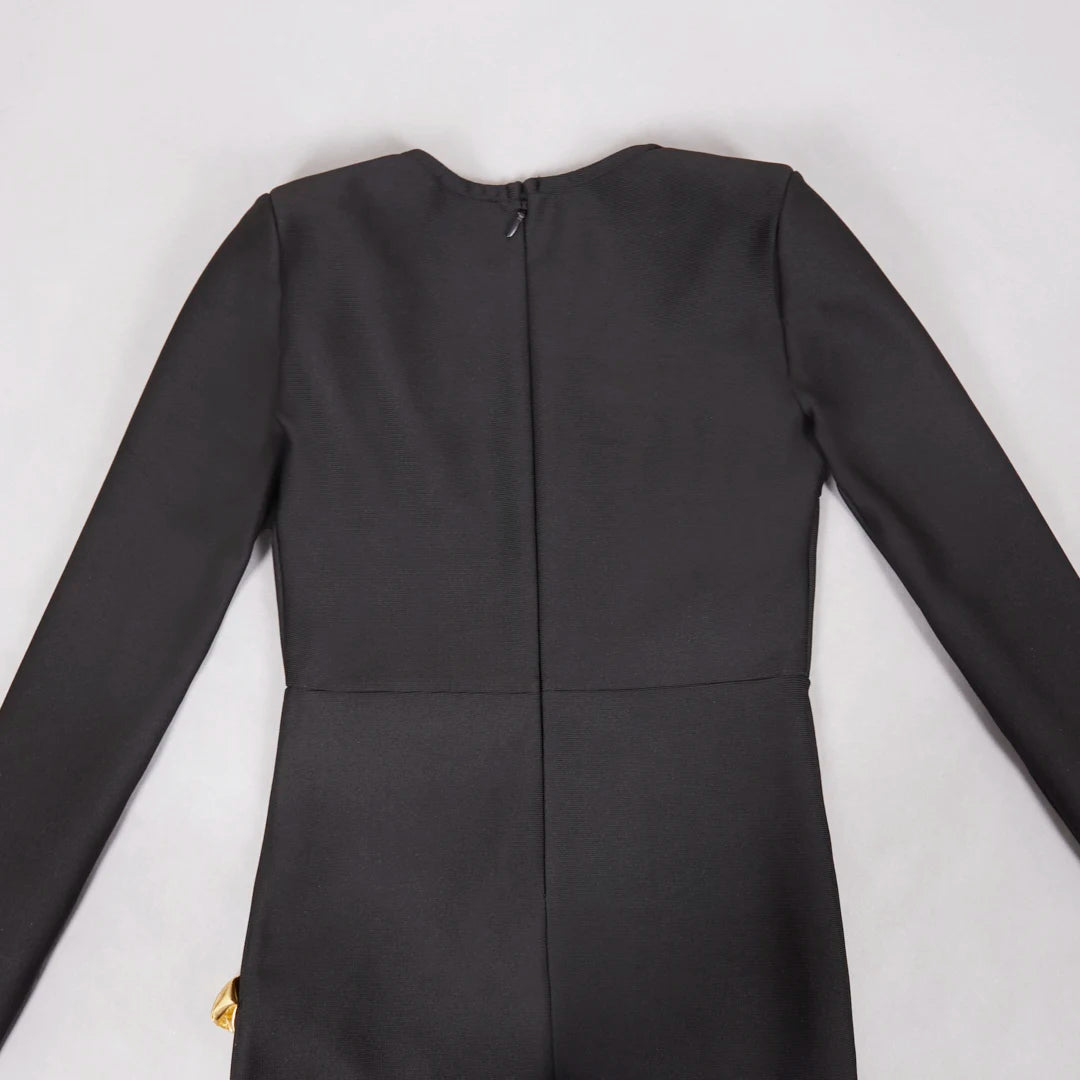 2025 New Fashion Women Long Sleeve Sexy Square Collar Gold Florals Bodycon Mini Bandage Dress Celebrate Nightclub Party Wear - Kimlud