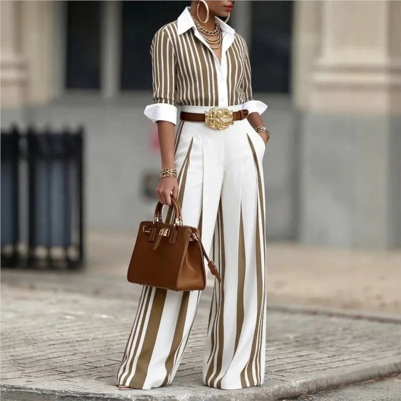 Women Fashion Striped Printed Shirt Two Piece Sets Autumn Lapel Single-Breasted Long Sleeve Shirt Top + Wide Leg Pants Outfit