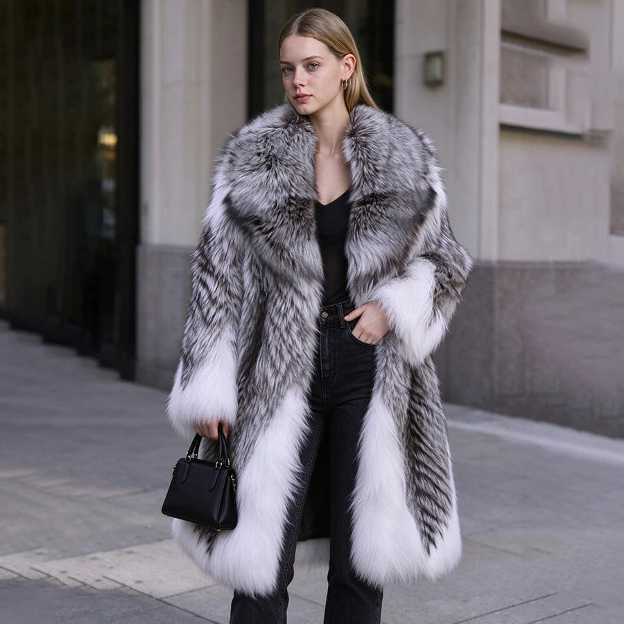 Long Fox Fur Coat With Turndown Collar Combined Fox Fur Jacket Real Silver Fox Fur Coat New Natural Fur Coats For Women