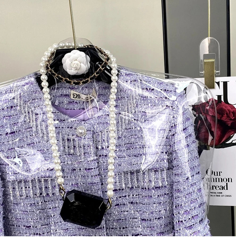High Quality Elegant Violets Tweed Women Set Single-breasted Feather Beaded Tassel Jacket & High Waist Shorts Suit Fashion Party