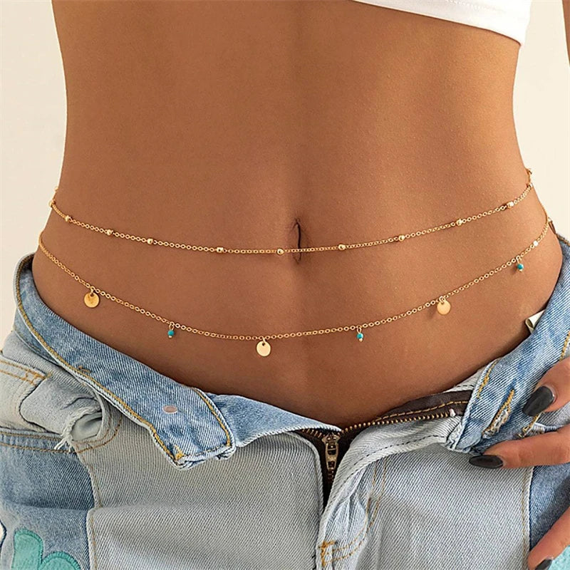 Fashionable Double Layer Imitation Pearl Chain Waist Chain for Women Minimalist Sexy Sequin Link Chain Belly Chain Beach Jewelry - Kimlud