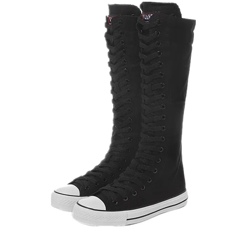 Canvas Long Boots for Women High Top Women Canvas Shoes Lace Up Knee High Boots Flats Casual Vulcanized Shoes Sneakers Girls