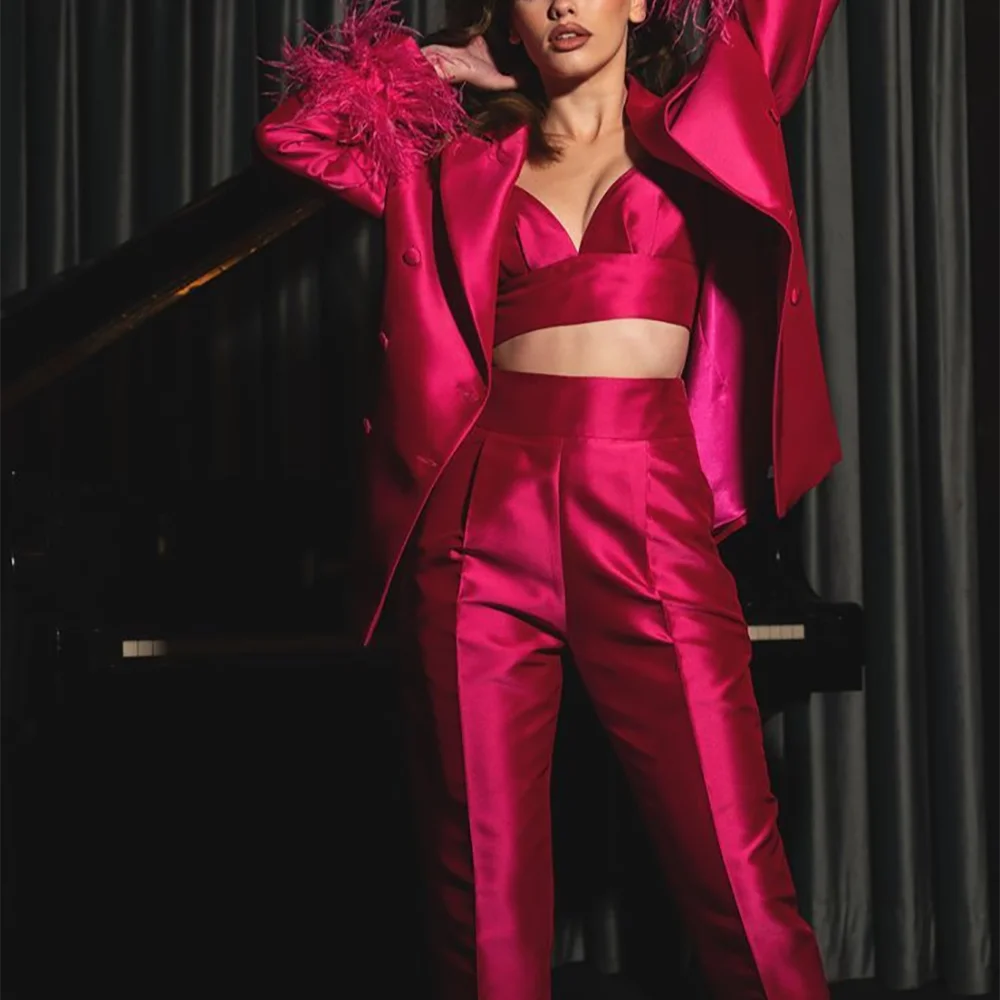 Satin Rose Suit Two Piece Classic Double Breasted Slim Fit Outfit for Women Jacket Pants Luxury Feather New Autumn Suit Set