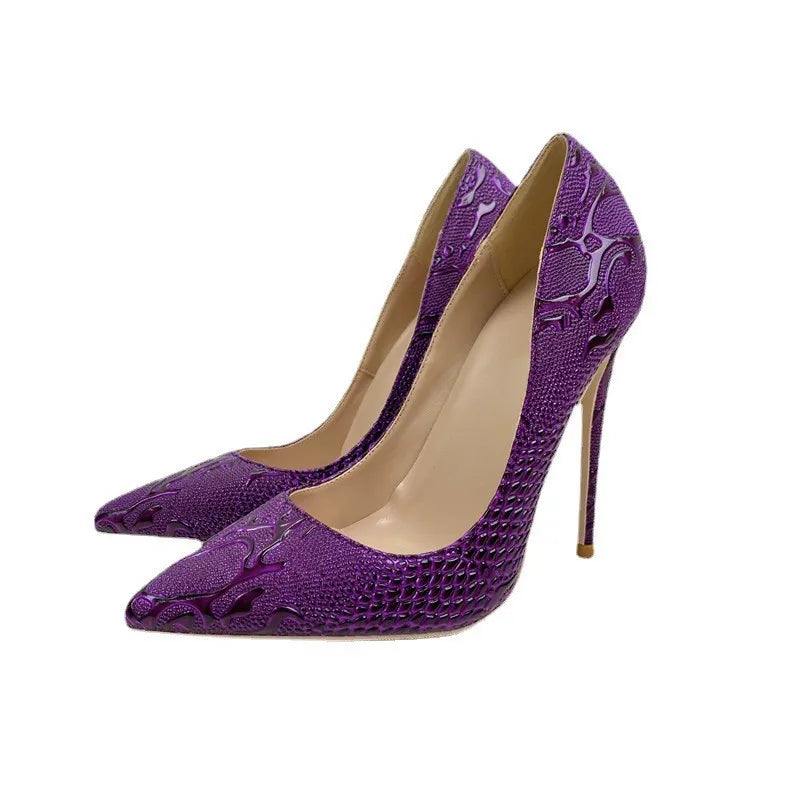 Luxury purple woman high heeled shoes shallow mouth pointed toe slip on unique shoes four season all game pattern snakes shoes - Kimlud