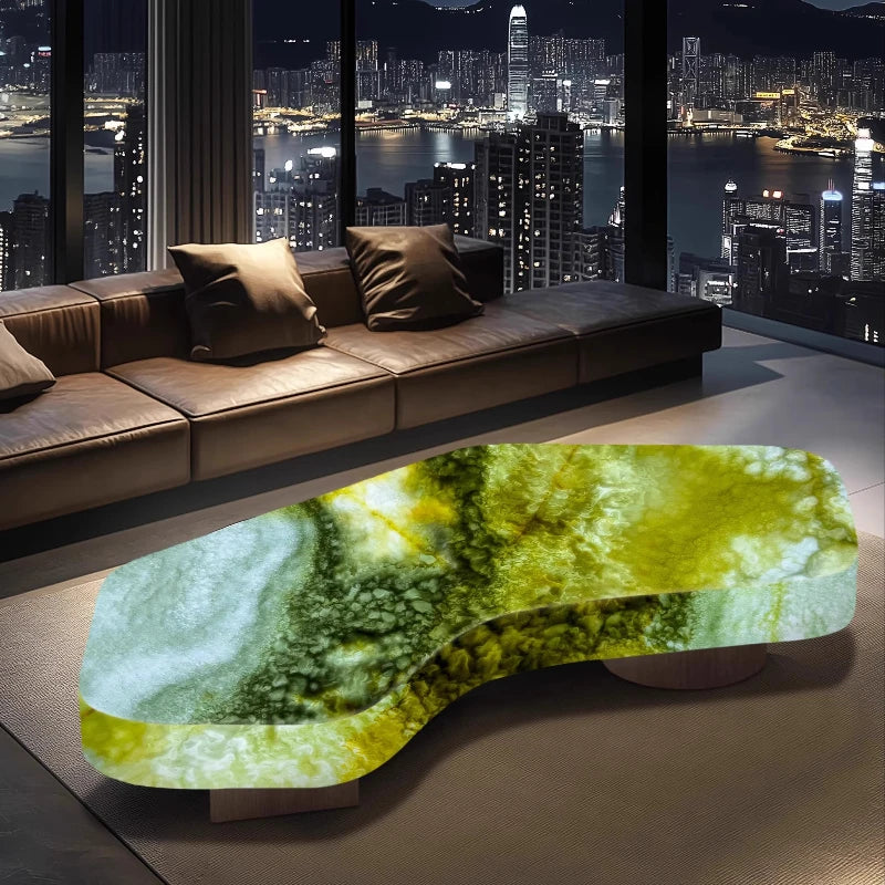 Living room geometric coffee table luminous jade luxury stone white ice jade crescent moon light luxury advanced large flat