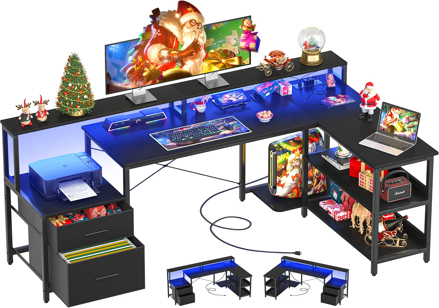 Aheaplus Reversible L Shaped Desk / Home Office Desk / Gaming Desk with File Drawer & Power Outlet & LED Strip - Kimlud