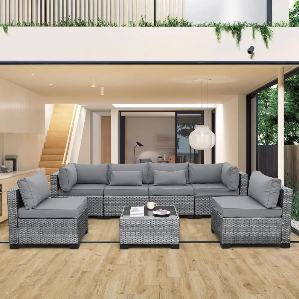 Gray Outdoor Patio Sectional Sofa Set with 7 Pieces, Washable Cushions, PE Wicker Rattan Furniture | Kimlud Outdoor...