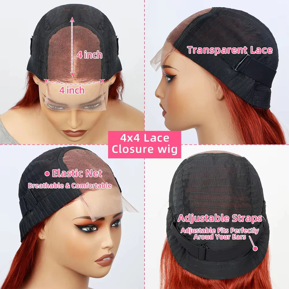 Ginger Wig Human Hair Orange Body Wave Bob Wig Glueless Wig 4x4 Hd Bob Lace Frontal Closure Wigs Human Hair Pre Plucked #350