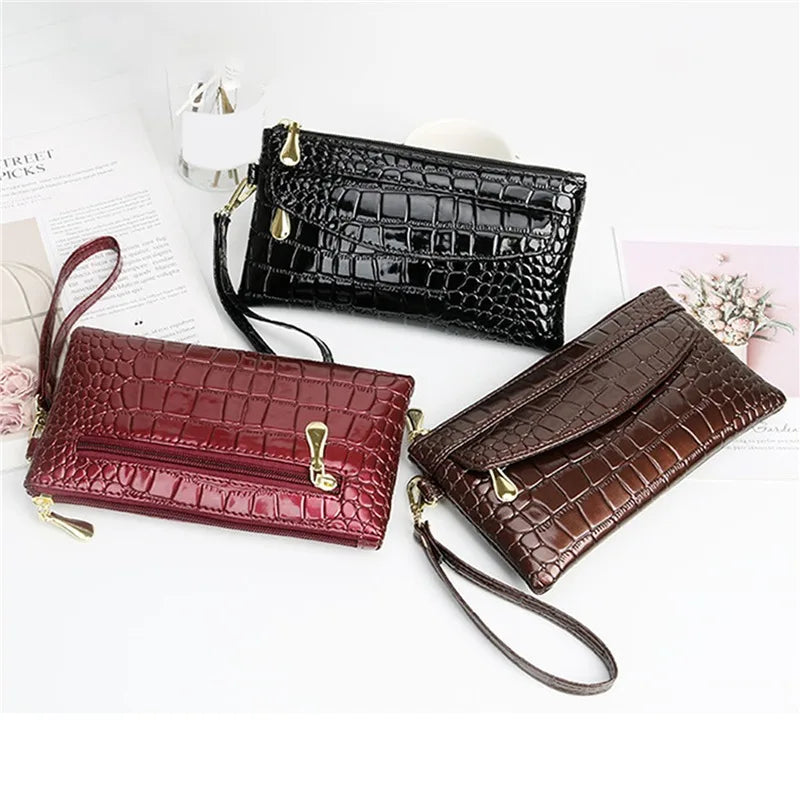 Women Long Wallets Leather Ladies Double Zipper Wallet Clutch Bag Design Red Purse Bag Crocodile Purses