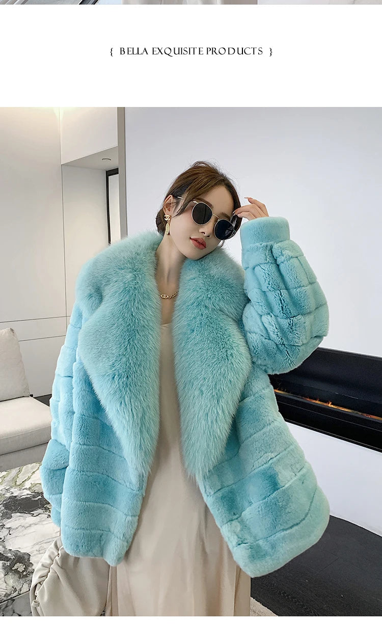 Fashion Women Real Rex Rabbit Fur Coats Long Natural Full Pelt Chinchilla Color Rabbit Fur Jackets With Real Fox Fur Collar Over