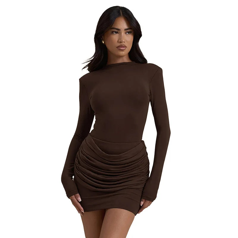 Solid Color Gathered Hip Cover Long Sleeve Dress Women's Spring Summer New Casual Round Neck Dresses For Women Ropa...