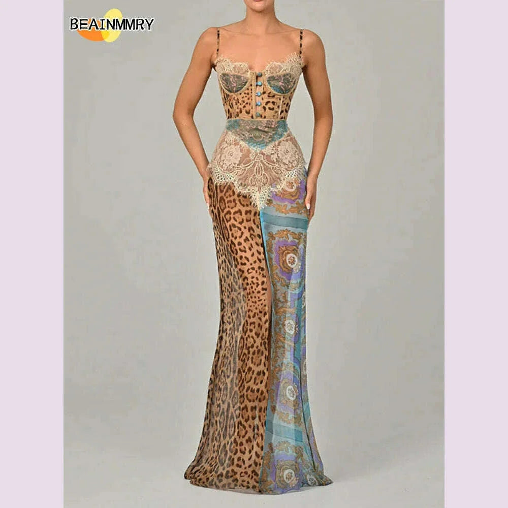 Summer Beach Leopard Print Dress Sexy Lace Split Patchwork Chiffon Dresses Women Elegant Sleeveless Backless Beach Evening Gowns