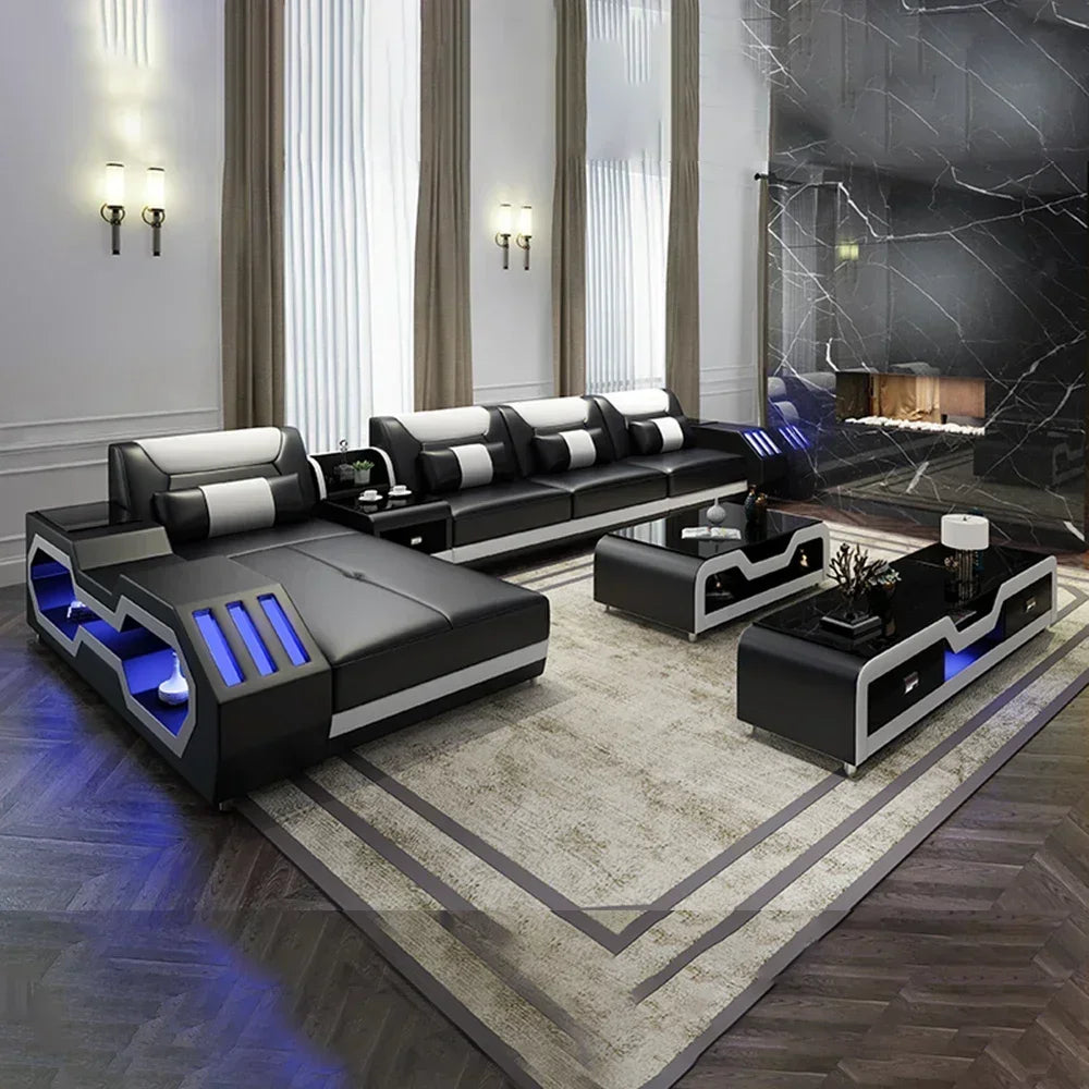 Modern LED Lighted Sofa Set with Recliner, Adjustable Headrest & Console | Luxury Leather Sectional Couch | Futuristic Furniture - Kimlud