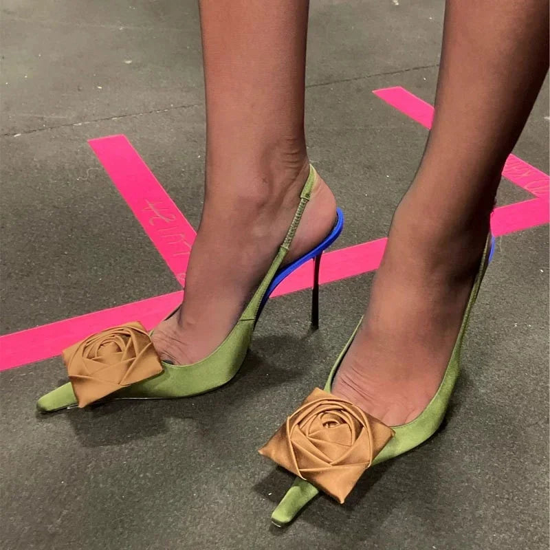 2025 Summer New Brand Luxury High-heeled Sandals Pointed Toe Fashion Flower Decoration Women Pumps Sexy Thin Heels Femme Shoes - Kimlud
