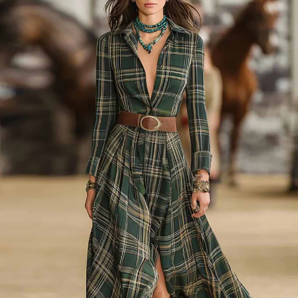 Elegant Western Vintage Plaid Women Shirt Dress Single-breasted Lapel Long Sleeve Maxi Robe A-Line Autumn Long Dresses Vestidos