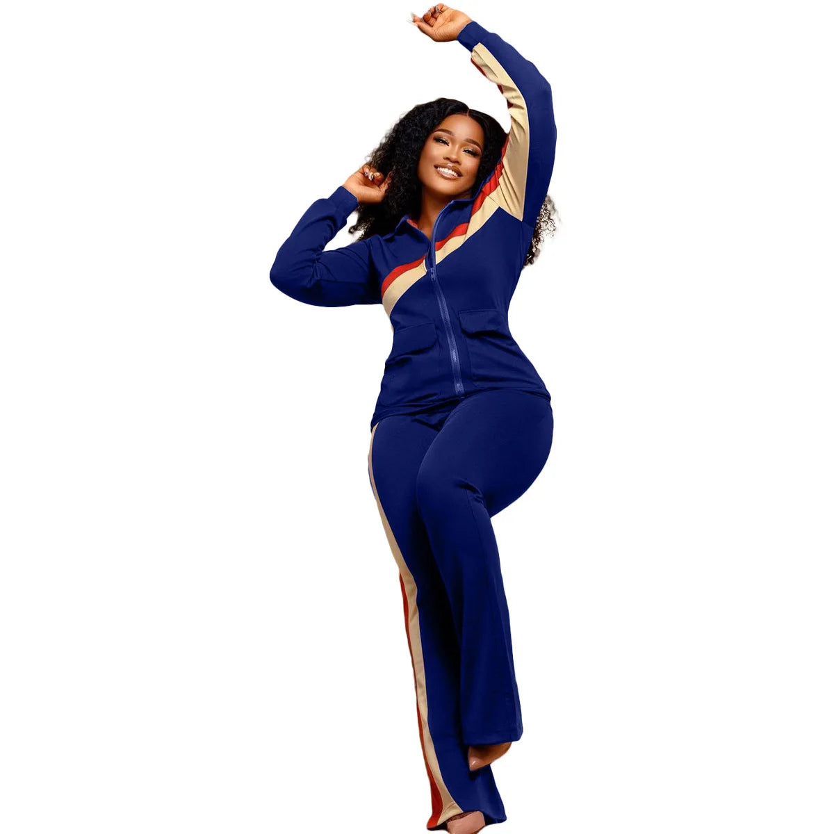 Custom LOGO Spring Women's Sports Casual Fashion Color-matching Pocket Lapel Zipper Top Straight Pants Two-piece Set S-4XL