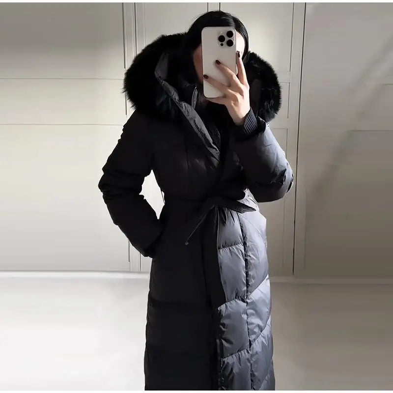 Warm Women's Puffy Quilted Hooded Long Cotton Coat Loose Solid Stand Collar Lace Up Zipper Overcoats 2025 Winter Lady Outwear