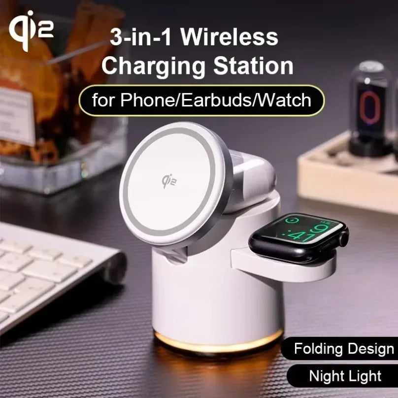 Fast Charging Dock Stand QI2 Wireless Charger Night Light 4 in 1 For Magsafe iPhone 16 15 14 Pro Max Airpods Pro 2-8 Apple Watch